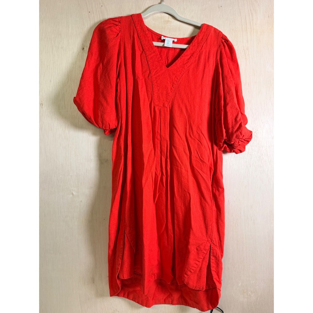 Cynthia Rowley Mini Dress Women S Red Excellent Linen Blend Puff Sleeve V-Neck